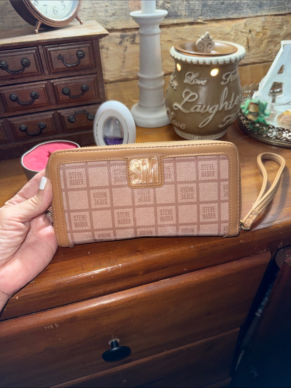 Steve Madden Tan and Blush Logo Zip Wristlet Wallet